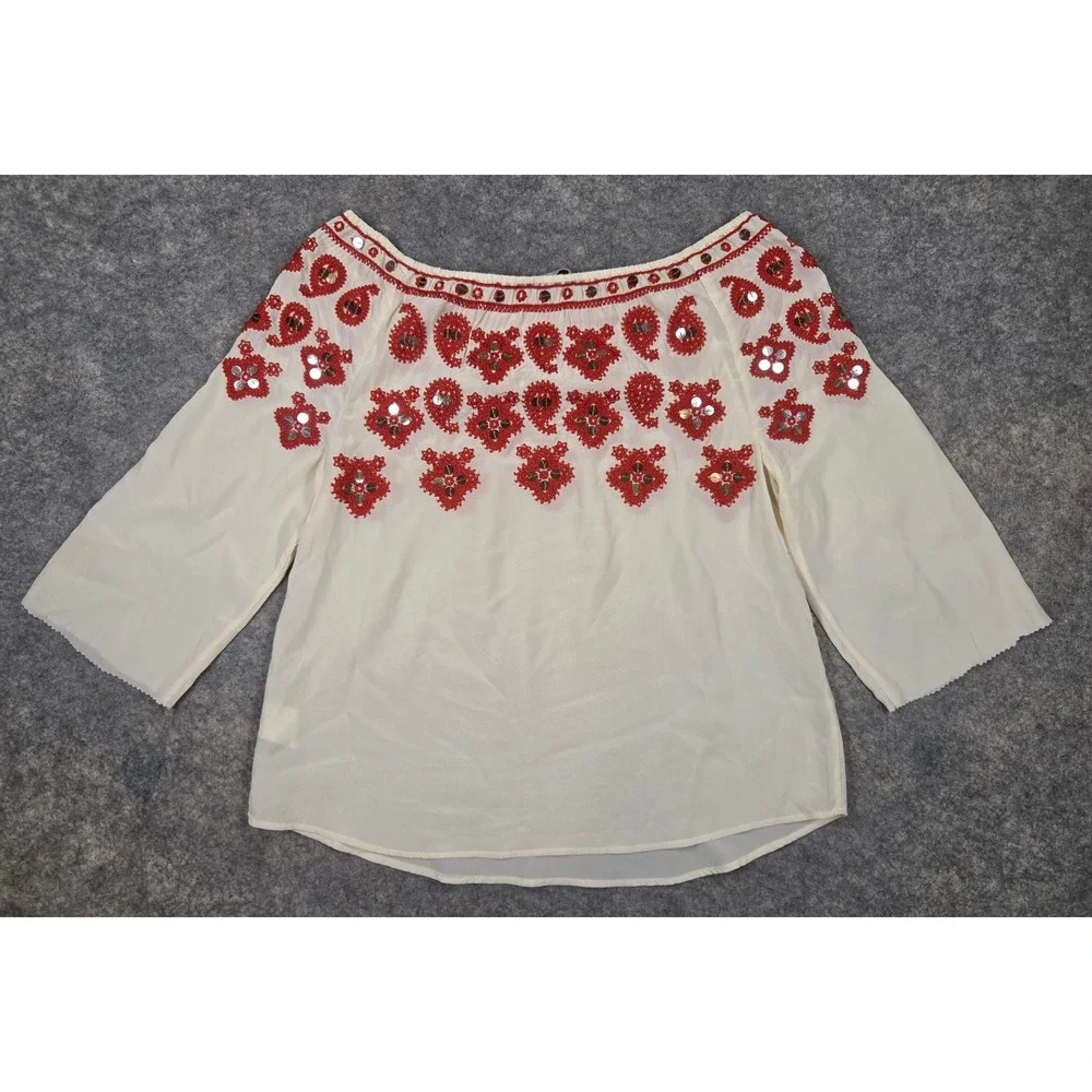 Tory Burch Silk Embroidered Mirror Sequin Blouse Ivory Red Boho Top Size 6